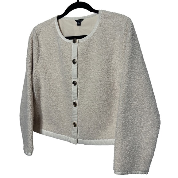 Ann Taylor Sweaters - Ann Taylor Cream Teddy‎ Fleece Button Front Cardigan Jacket Women's Size Medium